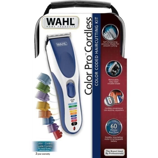 Hårklippare - WAHL - Color Pro Cordless - Precisionsblad - Färgkodade guidekammar - Avtagbara och tvättbara blad