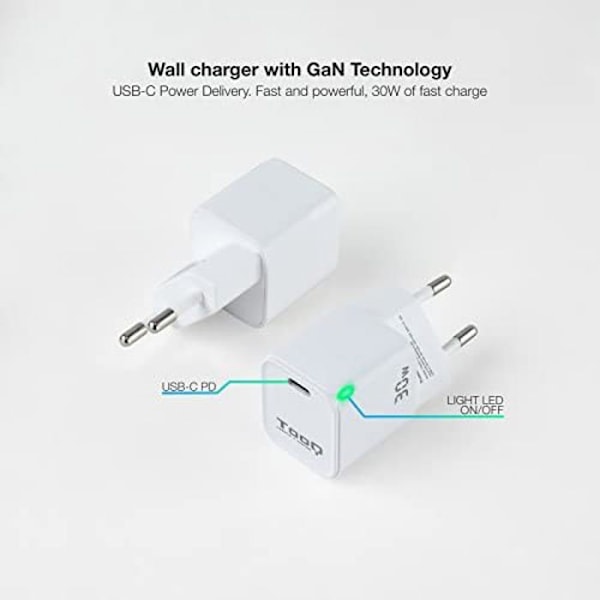 TOOQ TQWC-GANPD30WT - Väggladdare med GAN-teknik, USB-C PD 30W, snabbladdare, vit färg Vit