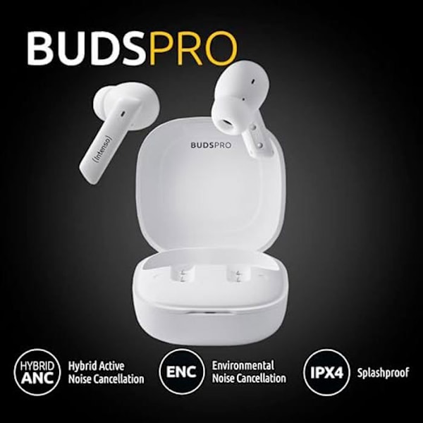 Trådlösa hörlurar - INTENSO - Buds Pro T512HAE - Hybrid ANC - ENC - Bluetooth 5.3 - 35h Batteritid Vit.