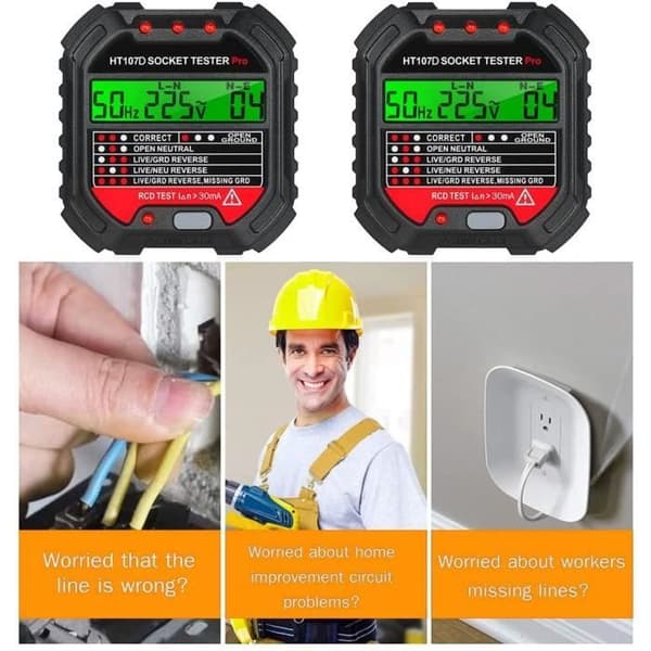 HT107 Stikdåsetester, RCD Multifunktions Auto Output Detektor med LCD Display Måler Værktøj
