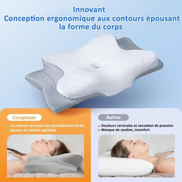 Ergonomisk Nackkudde, Memory Foam Kudde, Kudde för Sido- och Ryggsovande, Grå