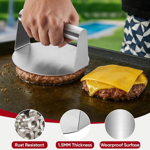 Press rustfritt stål hamburgerkutter Flat-Top Grill Press Bacon Biff Biffsandwich Kraftig og tåler oppvaskmaskin Tilbehør og verktøy