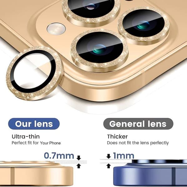 Linsebeskytter for iPhone 14 Pro/iPhone 14 Pro Max, glitterdekorasjon, ultratynn, gull