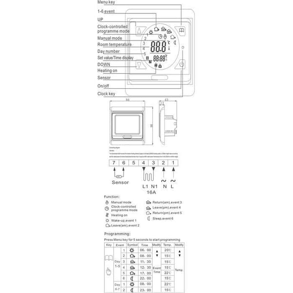 Digital programmerbar touchscreen-termostat til elektrisk gulvvarme med luft- og gulvsensor
