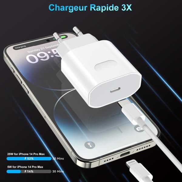 Apple hurtigoplader til iPhone 14/13/12/11/Pro Max/Plus/Mini/SE/XR/X/XS/8/7/6 — 25W USB-C strømadapter