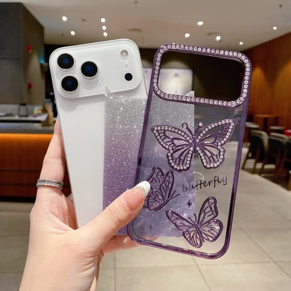 Et glitrende sommerfugletui til iPhone 17 Pro Max, et søtt og luksuriøst glitrende diamantetui (lilla).