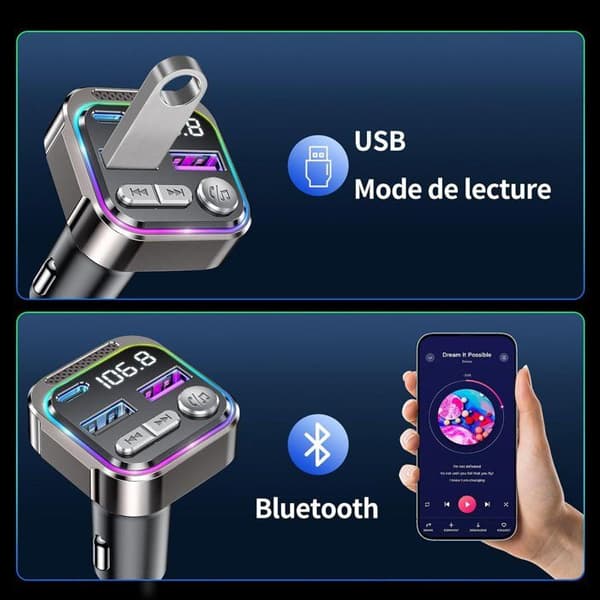 Bluetooth FM-sändare för bil - Bluetooth 5.3 - 30W PD snabbladdning och QC 3.0 - Handsfree-kit