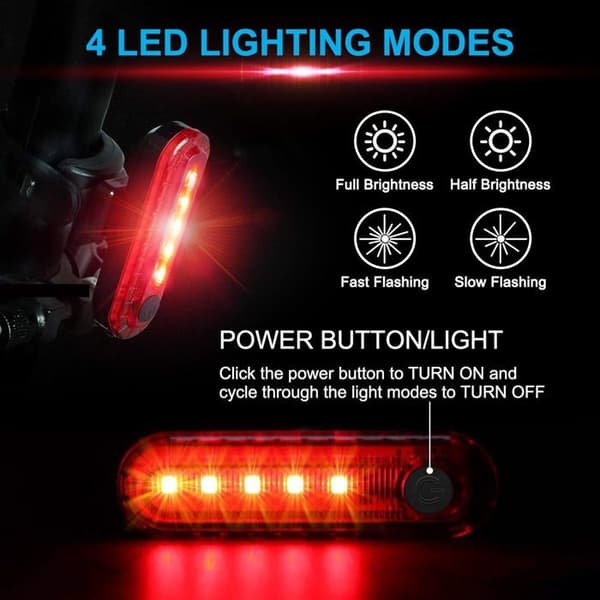 Sett med 2 ultra-lyse, USB-oppladbare LED-sykkelbaklys, IPX4 vanntett, 4 lysmoduser