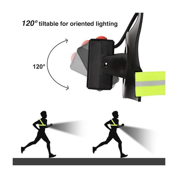 Løpelys, USB oppladbart LED-løpelys, 120° justerbart brystlys, 500 lumen, gåing