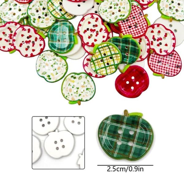 60 epleformede knapper (25 mm) – Assorterte blanke harpiksknapper med 4 hull (flerfarget)