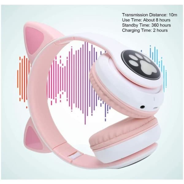 Bluetooth Katteøre Hovedtelefoner til Piger, Foldbare Stereo Hovedtelefoner med LED Lys / PS4 / PC / Tablet / TV (pink + hvid)