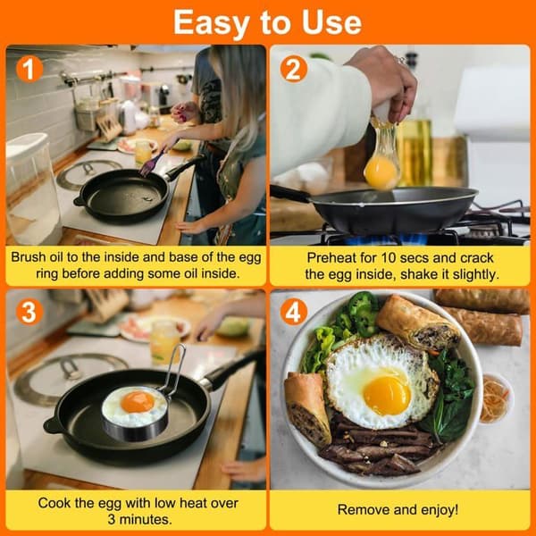 Sett med 4 eggeringer, 7,6 cm (3 tommer) non-stick pannekakering i rustfritt stål.
