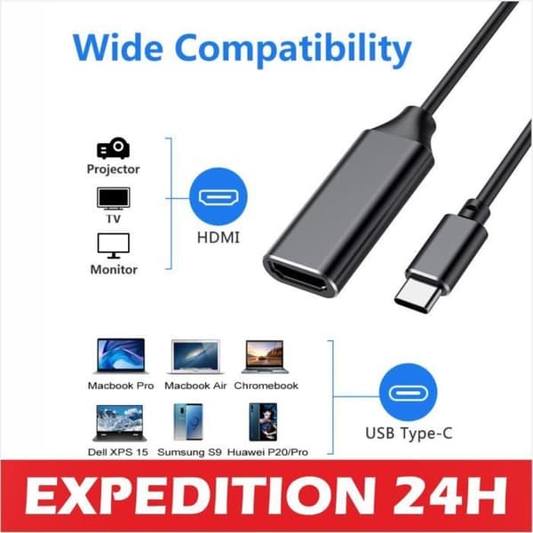 USB-C til HDMI-adapter - Cuszwee - 4K - Thunderbolt 3-kompatibel - For MacBook - Hvit ledning