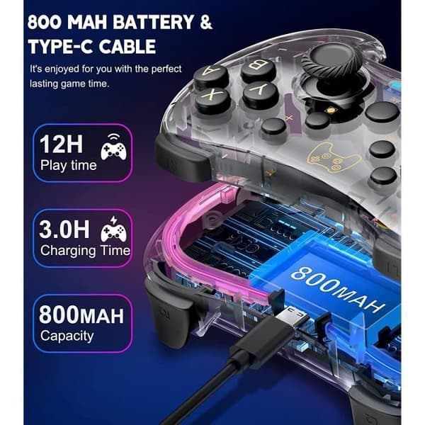 Gennemsigtig trådløs switch-controller med 10 RGB LED-lys, 6-akset gyroskop, til Switch / PC / iOS / Android