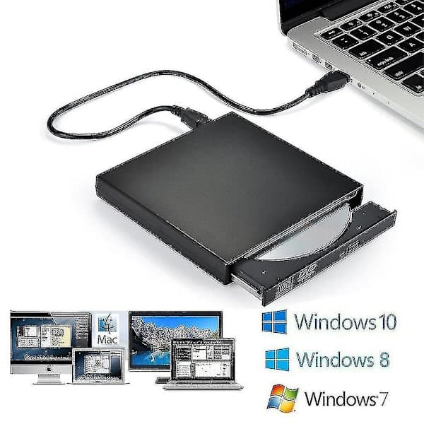 Eksternt CD/DVD-drev, USB 2.0 Slim Protable Eksternt CD-RW-drev DVD-RW-brænderdrev til bærbar pc-stationær computer, sort