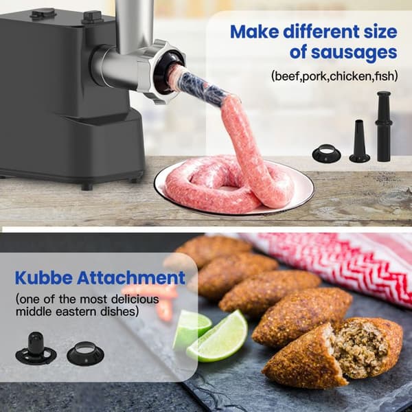 Elektrisk köttkvarn - Professionell grönsakshackare - 700W - 4 blad & korvsats - Backfunktion - Köttkvarn