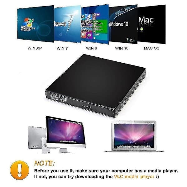 Eksternt CD/DVD-drev, USB 2.0 Slim Protable Eksternt CD-RW-drev DVD-RW-brænderdrev til bærbar pc-stationær computer, sort