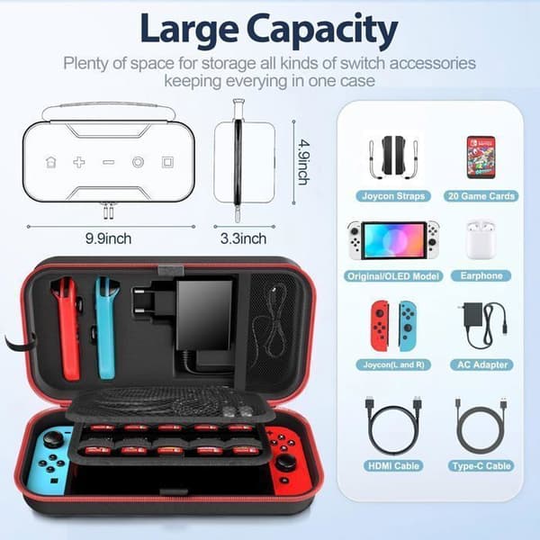 Hard Case til Switch, Bæretaske til Joy-Cons og Adaptere, Beskyttende Hardcase til Switch, Opbevaringstaske, Rød
