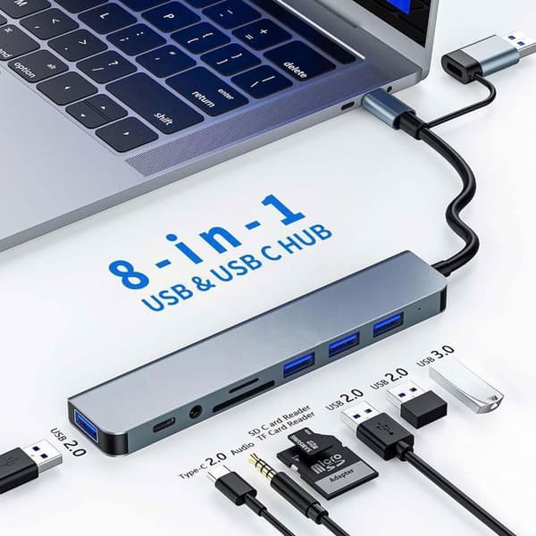 USB-C-hubb - 8-i-1 - Aluminium - 4 USB-portar - SD/TF-läsare