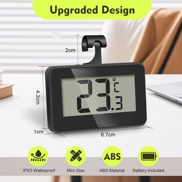 Kylskåpstermometer, 2-pack Mini LCD Digital Termometer med Krok, Svart