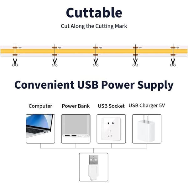 2M 5V USB COB LED-list, Kallvit 6000K, Dimbar Kapbar LED-list, Flexibel LED-ljuslist för Sovrum