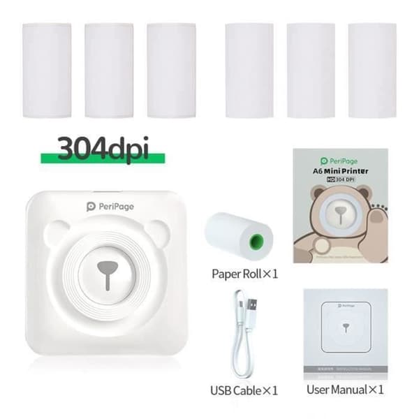 Breeze - Ny opløsning - PeriPage A6 Mini HD termisk printer 304DPI BT AR fotofunktion med 7 termiske papirruller