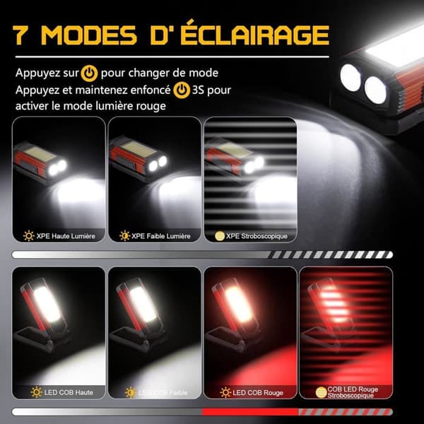 Arbeidslys - Oppladbart LED-arbeidslys 2200mAh - 7 moduser - Magnetisk base - IPX6 vanntett