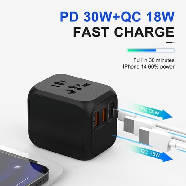 Yleissovitin 30W, 2 USB-A, 1 USB-C - Yhteensopiva yli 100 maan kanssa