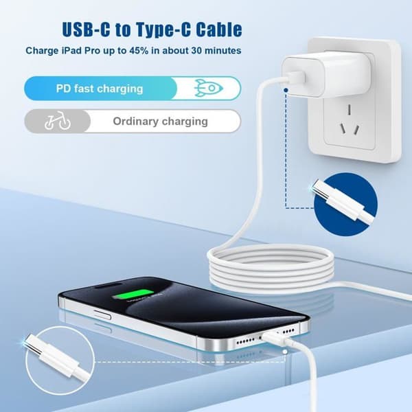 Apple USB-C til USB-C hurtigladekabel for iPhone 15, 20W, 2-pakning (2m).