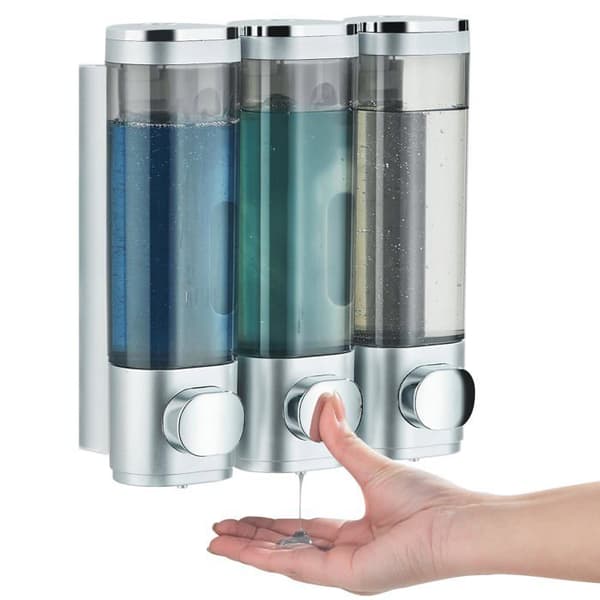 Shampoo- og balsamdispenser, brusegeldispenser, sølv, borefri installation.