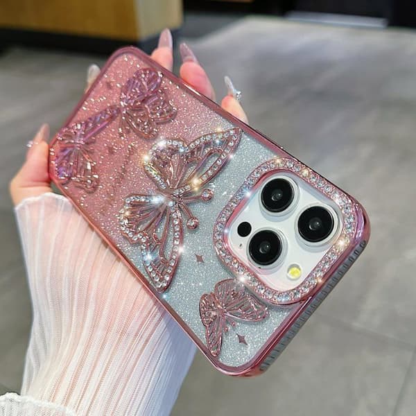 Et glitrende sommerfugletui til iPhone 17 Pro Max, et søtt og luksuriøst glitrende diamantetui (lilla).