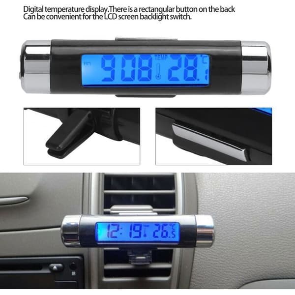 2-i-1 Biltermometer – Blåt Baggrundsbelyst LCD, Ur & Kalender – til Bilens Instrumentbræt – Sort