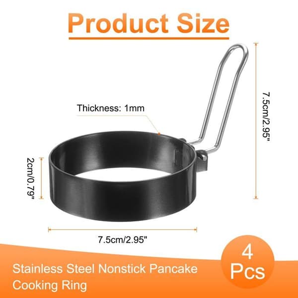 Sæt med 4 æggeringe, 7,6 cm (3 tommer) non-stick pandekagering i rustfrit stål.