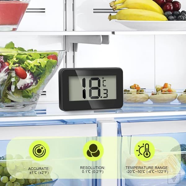 Kylskåpstermometer, 2-pack Mini LCD Digital Termometer med Krok, Svart