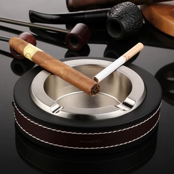 High-End Luksus Cigar Askebæger, Rustfrit Stål Læder Cigaret Askebæger til Indendørs og Udendørs Brug (Sølv)