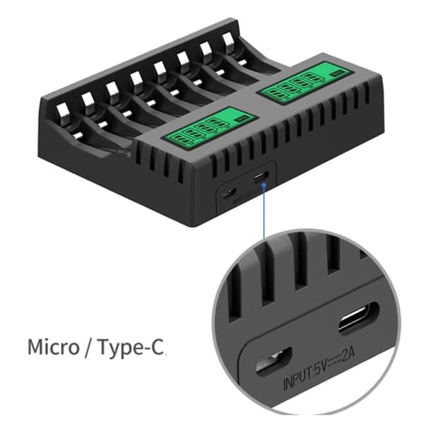 8-slots batterioplader med LCD-display, intelligent til AA/AAA NiCd NiMh genopladelige batterier, oplader aa aaa, sort