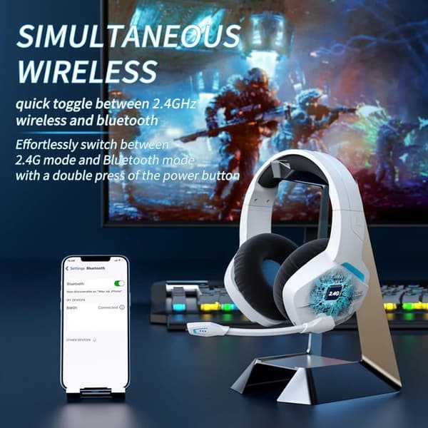 Trådlöst Gamingheadset med Brusreducerande Mikrofon för PS4 PS5 PC Playstation 4 5, 2.4G + Bluetooth, Vit