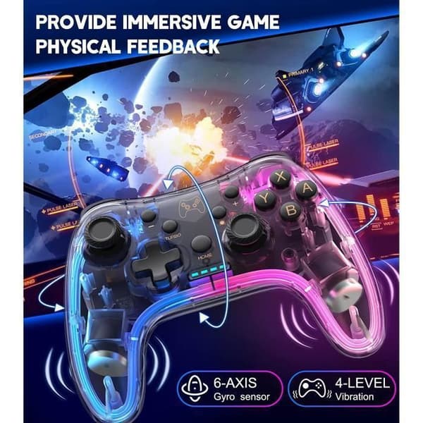 Gennemsigtig trådløs switch-controller med 10 RGB LED-lys, 6-akset gyroskop, til Switch / PC / iOS / Android