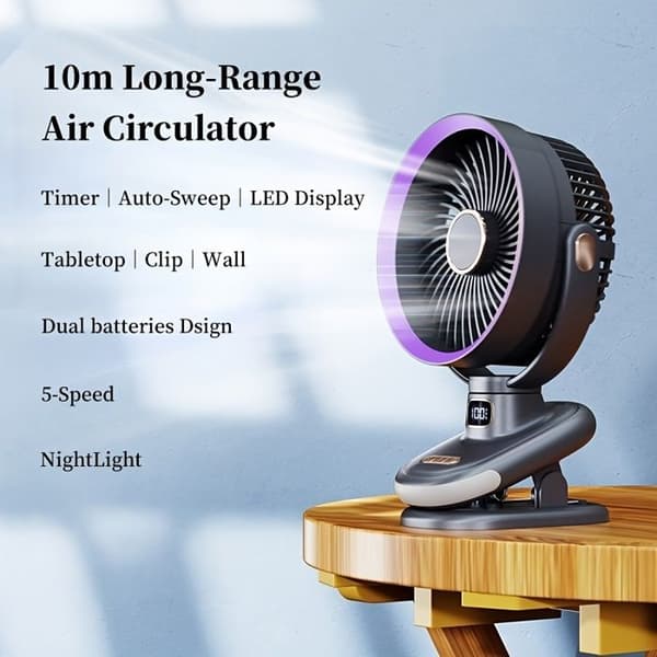 Stille clip-on ventilator med natlys, 5 hastigheder og dobbelt lithiumbatteri. [Råhvid]