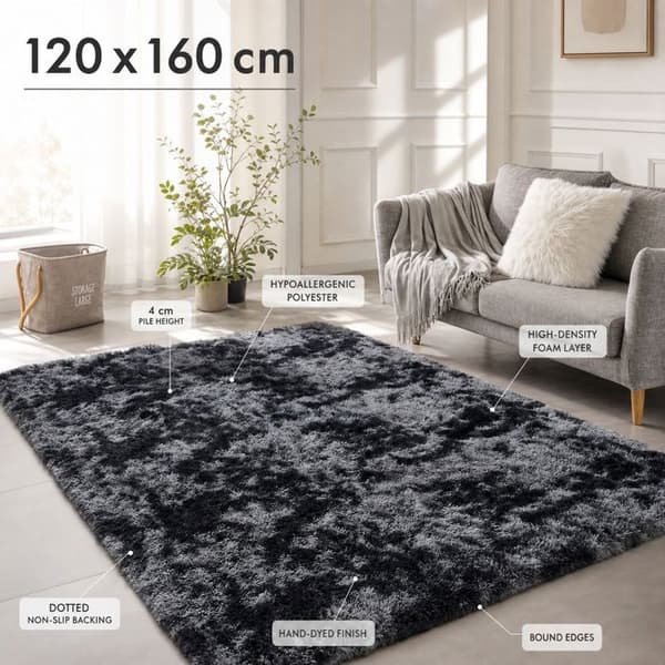 Mjuk, halkfri ryamatta – allergivänlig polyester för vardagsrum och sovrum – 120 x 160 cm mörkgrå