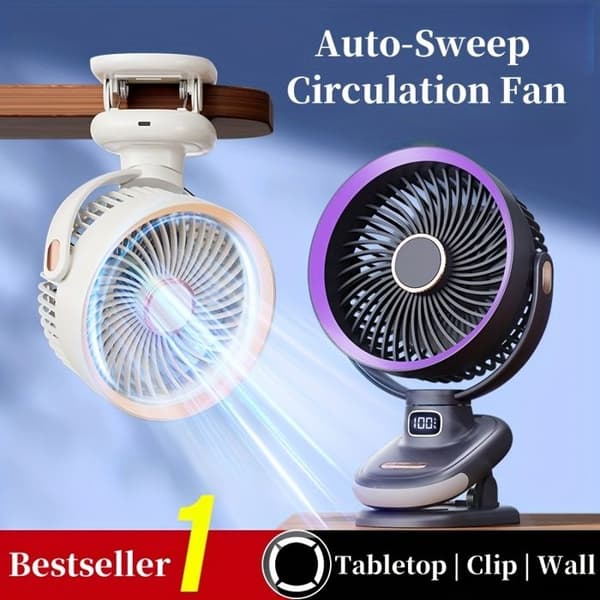 Stille clip-on ventilator med natlys, 5 hastigheder og dobbelt lithiumbatteri. [Råhvid]