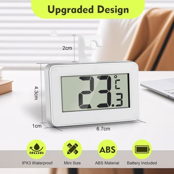 Kjøleskapstermometer, 2-pakning Mini LCD Digitalt Termometer med Krok, Hvit