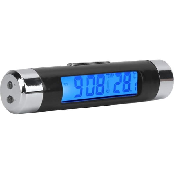 2-i-1 Biltermometer – Blåt Baggrundsbelyst LCD, Ur & Kalender – til Bilens Instrumentbræt – Sort