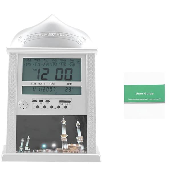 Böneklocka – Azan 1500 städer, månkalender, LCD-bakgrundsbelysning – för hem, moské – silver