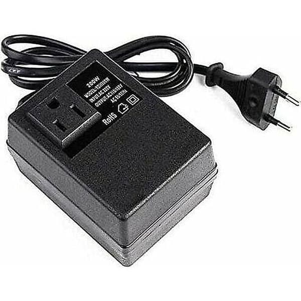 220V till 110V transformator, 200W, med europeisk kontakt, för reducerad spänning.