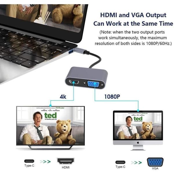 Moniliitinsovitin - Type C - VGA HDMI USB 3.0 - 100W PD-lataus - 4K-resoluutio