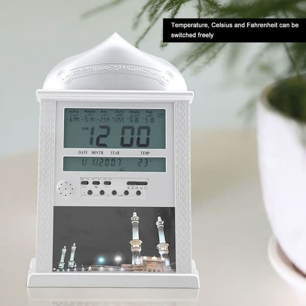 Böneklocka – Azan 1500 städer, månkalender, LCD-bakgrundsbelysning – för hem, moské – silver
