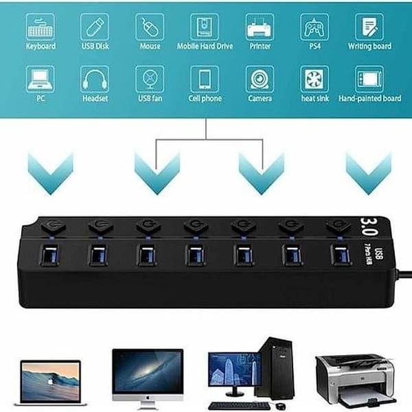 7-ports USB 3.0 Hub - Strømafbryder Splitter - Overførselshastigheder op til 5 Gbps - Udvidelse til MacBook og PC