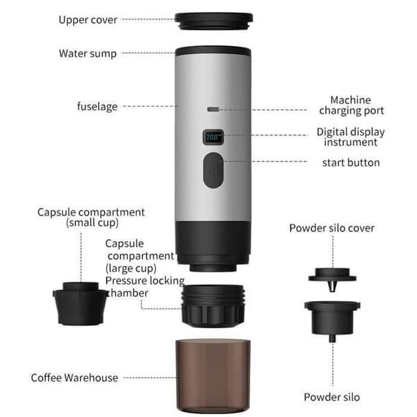 Bärbar kapselkaffemaskin - Smart extraktion - 15 bar - Små kapslar, Stora kapslar, Malet kaffe, Grå