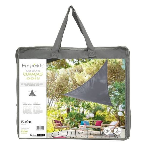 Triangulär \"Curacao\" solsegel, grå, 4x4x4m, polyester - Hespéride